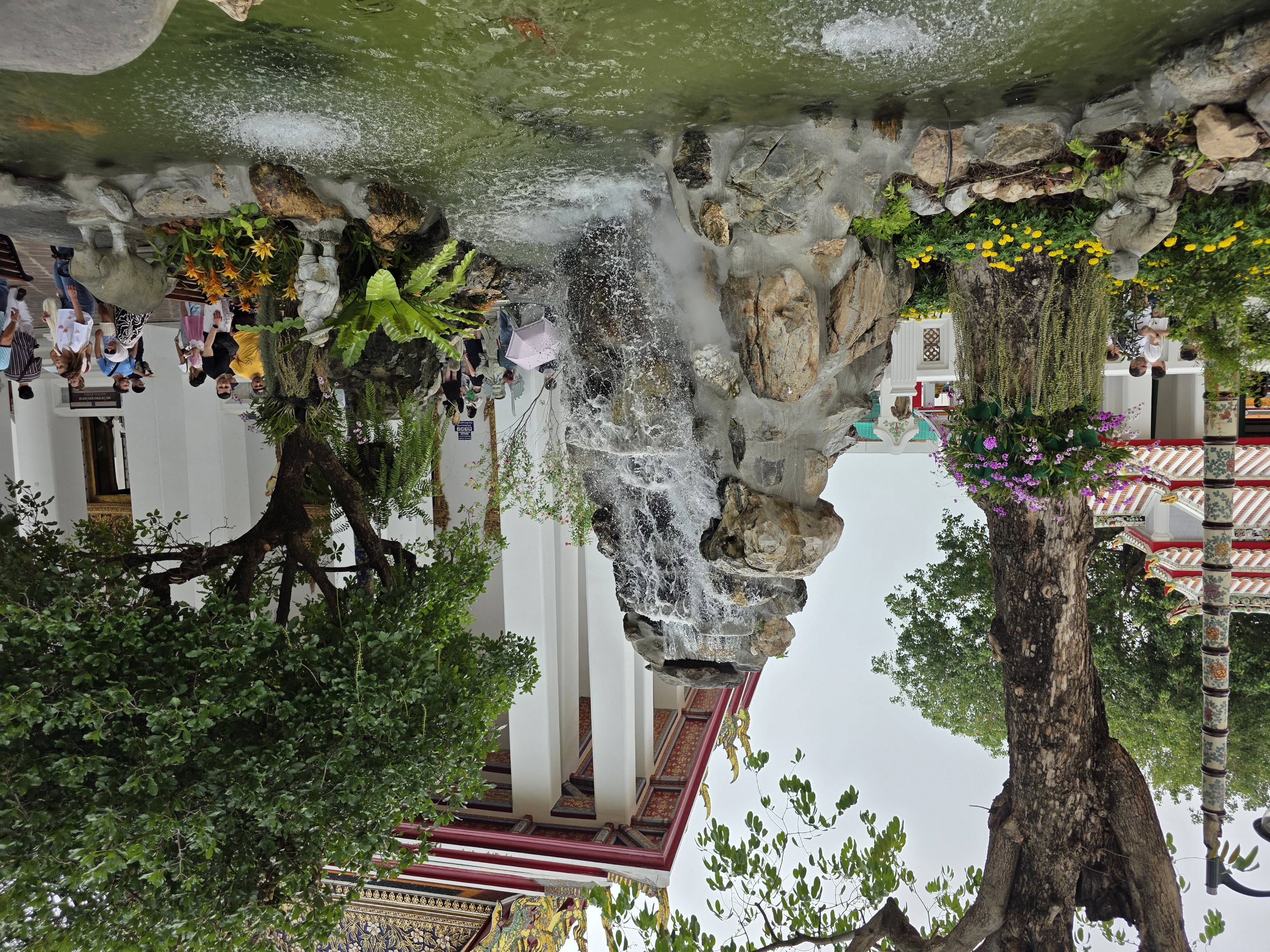ornamental waterfall in Wat Pho grounds