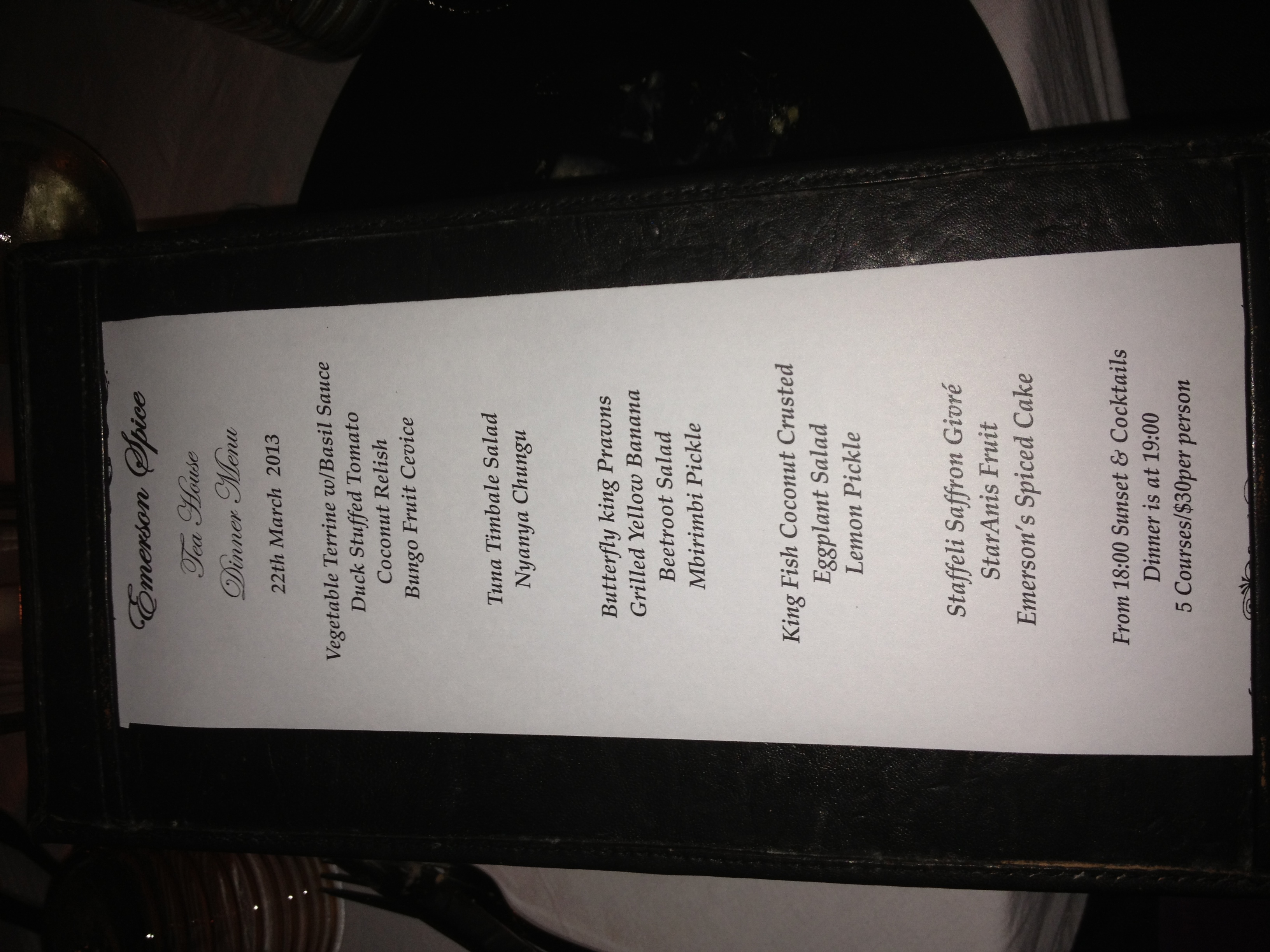 Emerson Spice dinner menu, 22 March 2013 — five courses, $30